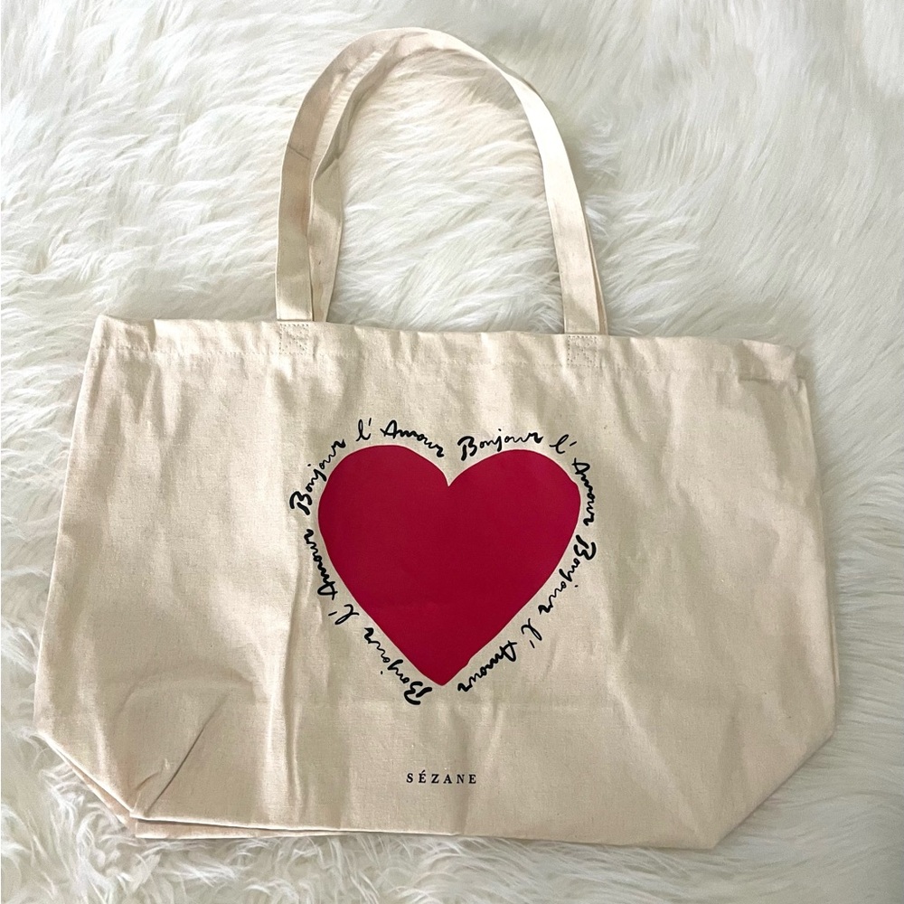 Sézane Bonjour L'amour Heart Canvas Reusable Shopping Tote Bag